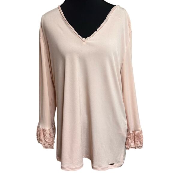 Calvin Klein Women’s Lace Bell Sleeve V-Neck Blouse Blush Pink Size Large L EUC - Picture 1 of 7
